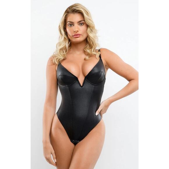 Popilush Tops - POPILUSH Shapewear Black Faux Leather Plunging V Sculpting Corset Bodysuit Large